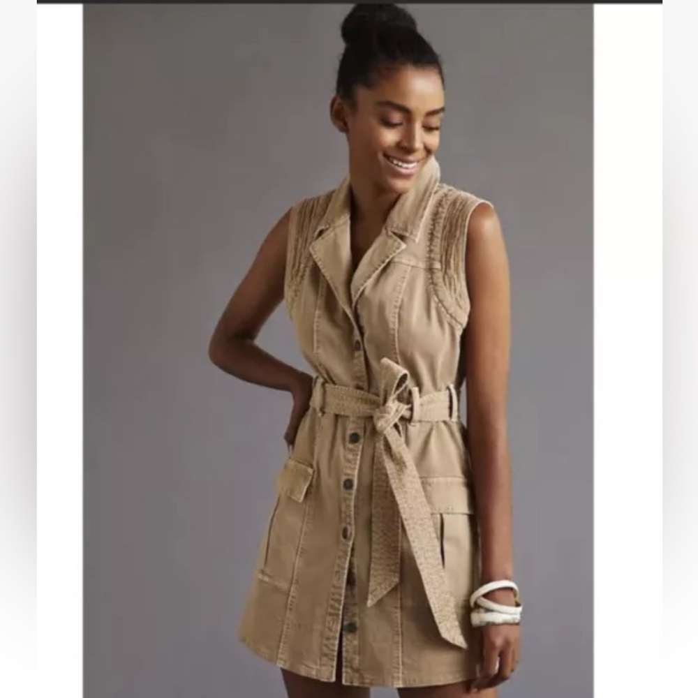 Pilcro Anthropology Denim Button Belted Front Dress Tan Sleeveless Size 2 Pocket